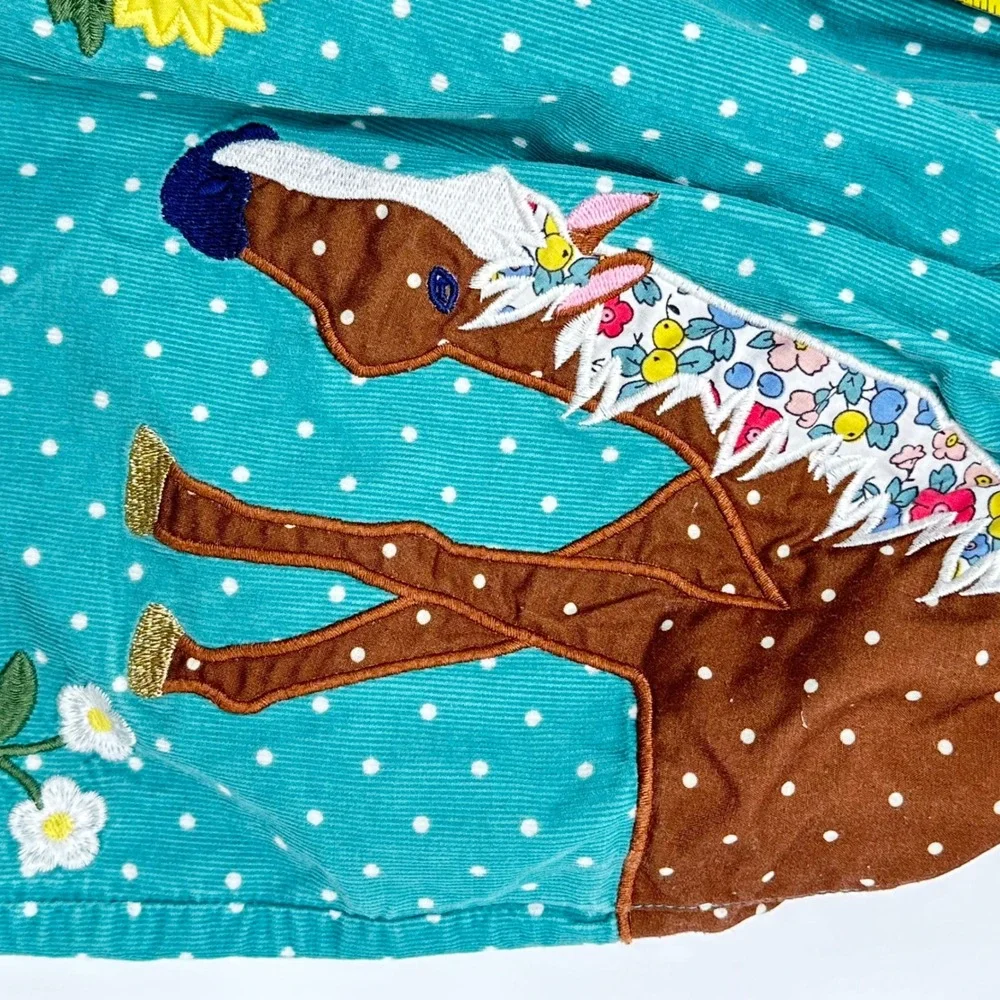 Mini Boden Girls Teal Corduroy Polka Dot Horse Bunny Embroidered Skirt 7-8Y